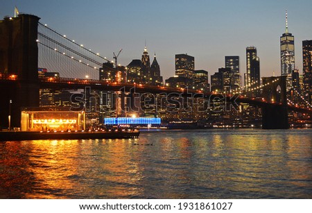Lower Manhattan skyline as darkness emerges