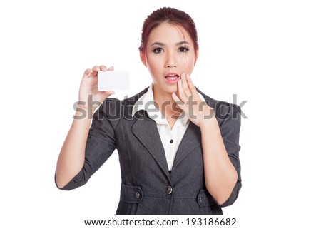 Asian businesswoman surprise show blank card isolated on white background