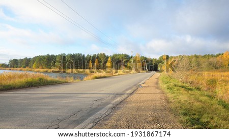 Asphalt road (highway) through the golden deciduous trees (oak, maple, birch) to the forest. Electricity line close-up. Clear blue sky. Autumn colors. Idyllic rural scene. Travel, logistics, distance;