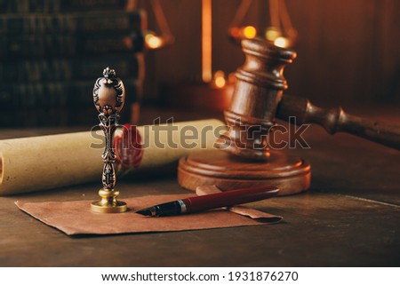 Vintage stamp, wooden gavel, envelope and testament. Notary public office