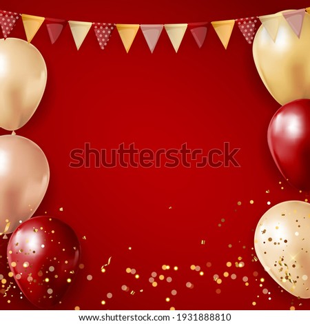 Party Glossy Holiday Background with Balloons, Flags and confetti. Vector Illustration EPS10