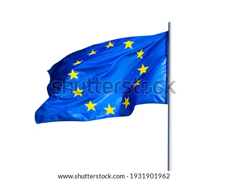 European union flag waving on pole, isolated on white background. EU flag. Royalty-Free Stock Photo #1931901962