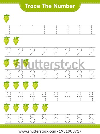 Trace the number. Tracing number with Grape. Educational children game, printable worksheet, vector illustration