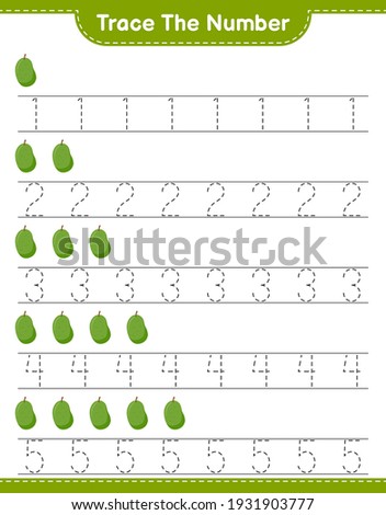 Trace the number. Tracing number with Jackfruit. Educational children game, printable worksheet, vector illustration