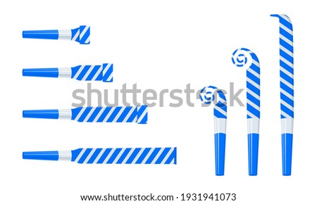 Rolled and unrolled party horns, noisemakers, blowers. Striped blue and silver sound whistles isolated on white background. Side and top view. Vector cartoon illustration. Royalty-Free Stock Photo #1931941073