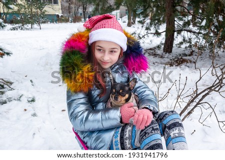Pretty girl with chihuahua on the nature. Teenage girl and chihuahua in winter on the street.