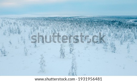 Aerial photo of winter in Lapland Finland.