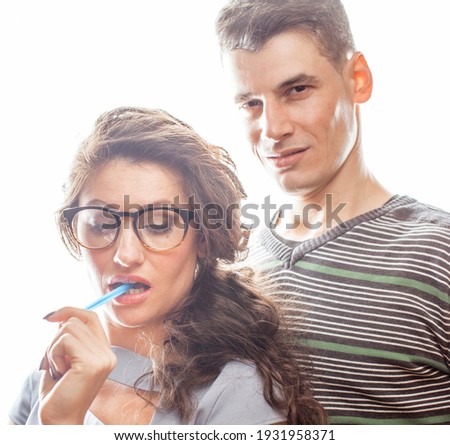 love affair at work, young pretty couple, man and woman together isolated on white background, office clerk, secretary seduces boss, lifestyle concept Royalty-Free Stock Photo #1931958371