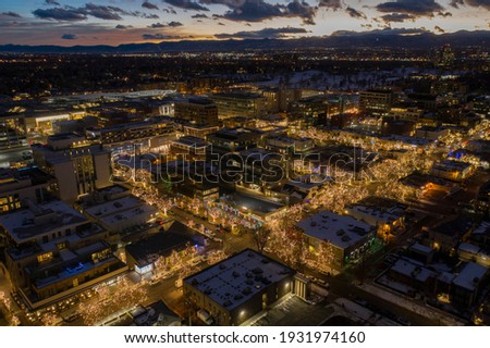 Aerial View of Cherry Creek Shopping and Dining District in the Denver Metro with Christmas Lights during the Holidays