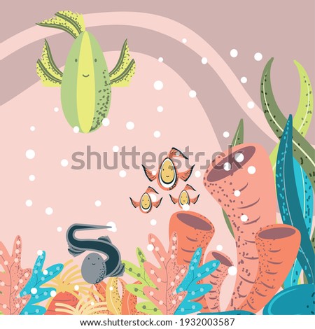 underwater world habitat clown fishes eel coral reef algae vector cartoon illustration