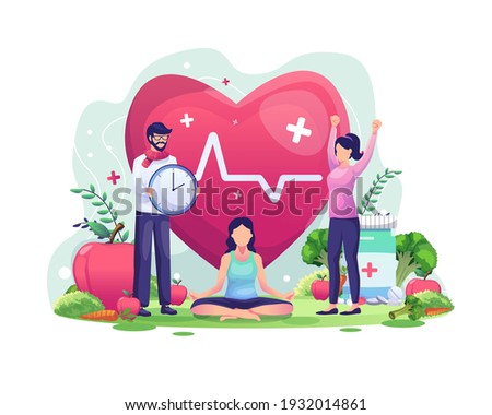 World Health Day illustration concept with characters people are exercising, yoga, living healthy. vector illustration Royalty-Free Stock Photo #1932014861