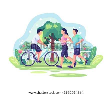 World Health Day illustration concept with Couple jogging and a person cycling in the park. Healthy lifestyle. vector illustration Royalty-Free Stock Photo #1932014864