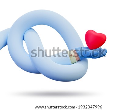 Cartoon Character hand holding a red heart  in a rubber medical gloves and in a blue medical gown , knotted,  isolated on blue background. 3D Render. Elements for design
