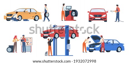 Car service workers. People in repair process, mechanics work fix breakdowns, change automobile details and wheels, make diagnosis and wash auto in garage. Maintenance vehicle vector flat scenes set