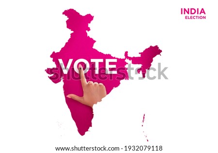 VOTE FOR INDIA, female Indian Voter Hand with voting sign or ink pointing out , Voting sign on finger tip Indian Voting on india map election commission of india Royalty-Free Stock Photo #1932079118