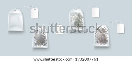 Tea bags, isolated teabags with blank labels on rope mockup, green, red, black dry herbs in package, organic healthy beverage collection advertising mock up on grey background. Realistic 3d vector set