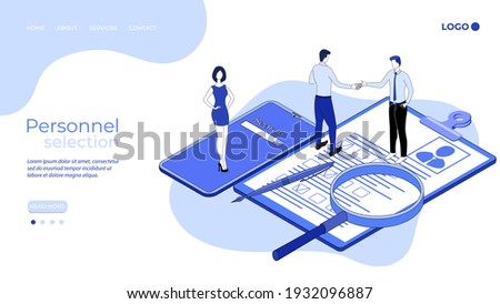 Personnel selection.People are engaged in the selection of personnel when hiring.Conclusion of an employment contract.3D image.Isometric vector illustration.The landing page template.