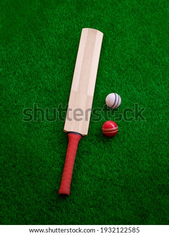 cricket bat and ball place on cricket ground green grass