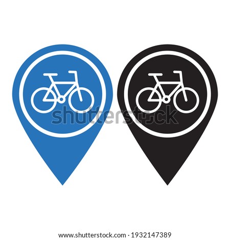 Blue and black map pointer with bicycle sign on white background.