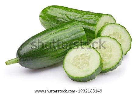 Cucumber clipping path. Cucumber vegetable with cucumber slice isolated on white background. High End Retouching Royalty-Free Stock Photo #1932165149