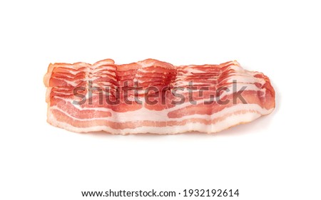 Raw smoked bacon isolated. Streaky brisket slices, fresh thin sliced bacon on white background Royalty-Free Stock Photo #1932192614