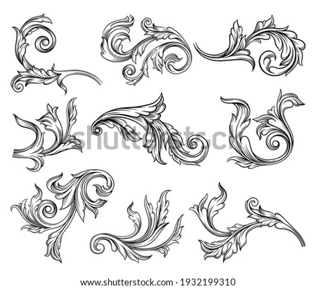 Baroque Scroll as Element of Ornament and Graphic Design with Spirals and Rolling Circle Motif Vector Set Royalty-Free Stock Photo #1932199310