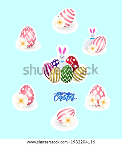 Set of easter sticker with colorful, pink eggs, bunny. As decor for gift box, letters, food, mug. Funny holiday design. Isolated vector illustration. 