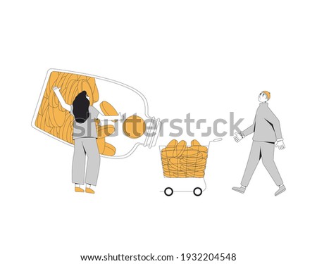 Spend money concept. Characters with pile of coins. Female aperson put her savings to shopping bag. Vector color line art illustration.