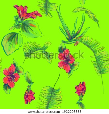 Watercolor seamless tropical pattern with the banana palm leaves and hibiscus on a grass green background