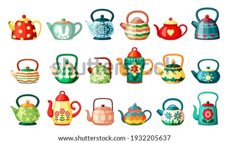 Modern and vintage teapots drawings set. Wavy stripes with trendy spots bright green vessel red decoration flower and yellow heart brewing ceramic hares head floral ethnic ornament. Vector cartoon. Royalty-Free Stock Photo #1932205637