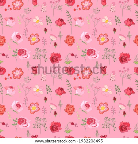 Seamless pattern with different cute flowers, roses and herbs. Endless texture for romantic design and decoration.