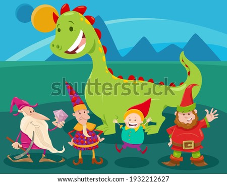 Cartoon illustrations of dwarfs and dragon fantasy characters group