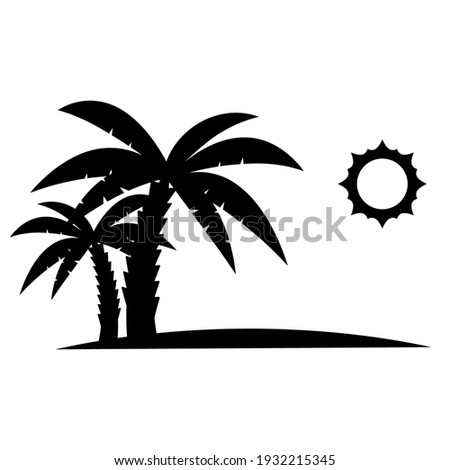 Palm trees with sun in black color. Glyph icon, relaxes. Palm trees on the beach. Tropical floral. Summer logotype. Vacation icon. Vector illustration isolated on white background
