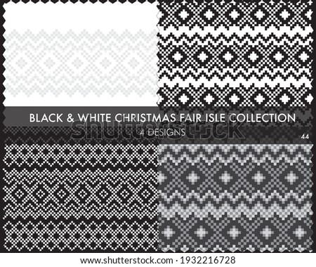 Black and White Christmas fair isle pattern collection includes 4 design swatches for fashion textiles, knitwear and graphics