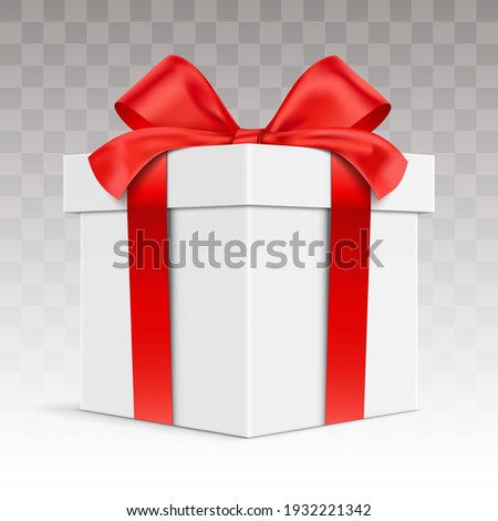 White vector giftbox. Realistic gift box, with the red satin bow, isolated on background. Cube shape present box, tied with red wrapping ribbon, standing on a surface in a front view. Royalty-Free Stock Photo #1932221342