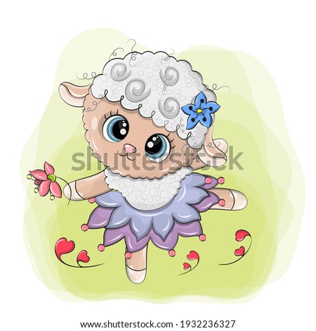 A funny sheep doing ballet on a green background. This cute vector animal is made in a cartoon style with a flower woven on its head.