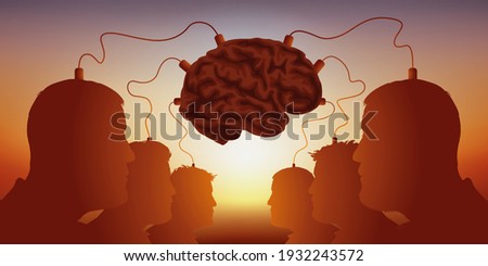 Science fiction concept about freedom of thought, with men connected to a brain like guinea pigs. Royalty-Free Stock Photo #1932243572