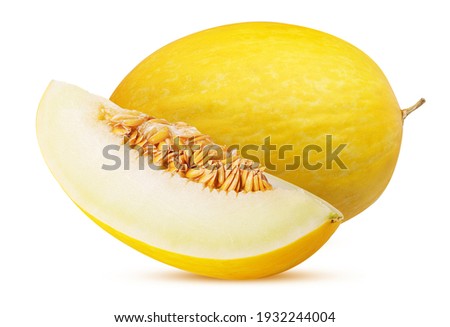 Yellow melon dukral and slice isolated on white background. Clipping Path. Full depth of field. Royalty-Free Stock Photo #1932244004
