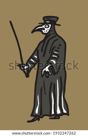 Plague doctor with bird mask and hat. Medieval spooky costume with long beak.