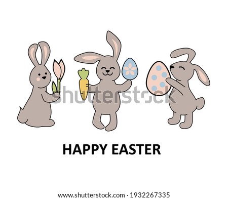 Three bunnies with egg, flower and carrot on white background. Happy Easter. Vector illustration.