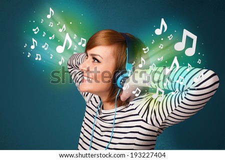 Pretty young woman with headphones listening to music, glowing notes concept