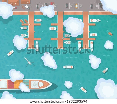 Illustration of a pier in flat style. Top view of the harbor. Wooden piers with boats. Container ship, yachts, boats, sea transport in the port. The helicopter flies over the ocean. 