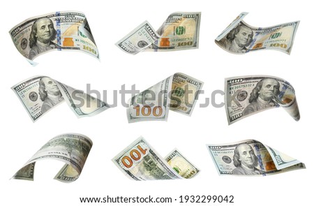 Dollar banknotes flying on white background, collage  Royalty-Free Stock Photo #1932299042