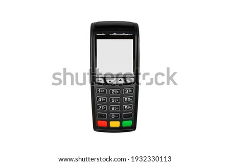 Payment terminal with a white screen. Payment device isolated on white background. E-commerce and business