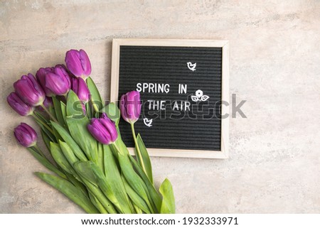 Text  Spring in the air on  letter board and bouquet of  purple Tulips flowers. Concept Springtime mood and happiness
