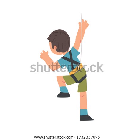 Boy Rock Climber Character, Back View of Cute Kid Wearing Shorts and T-shirt Climbing Wall Cartoon Style Vector Illustration