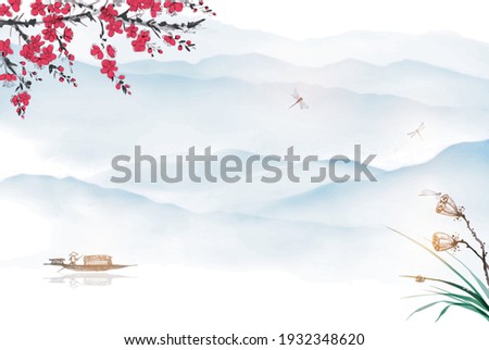 Oriental landscape with fishing boat, lotus, sakura blossom and distant blue mountains. Traditional oriental ink painting sumi-e, u-sin, go-hua Royalty-Free Stock Photo #1932348620