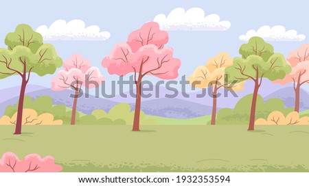 Colorful spring park with blossom trees vector illustration