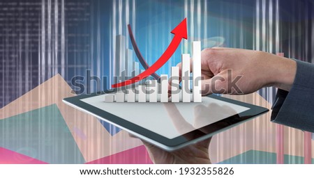 Red arrow and graph over hand holding digital tablet against blue background. data and statistics concept