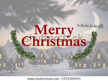 Merry christmas text with green decoration over winter scenery and santa claus with reindeer. christmas greetings, celebration and festivity concept digitally generated image.